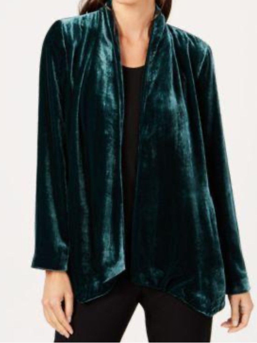 Eileen Fisher Silk Blend Velvet Jacket Size L Emerald Green Open Front Luxury